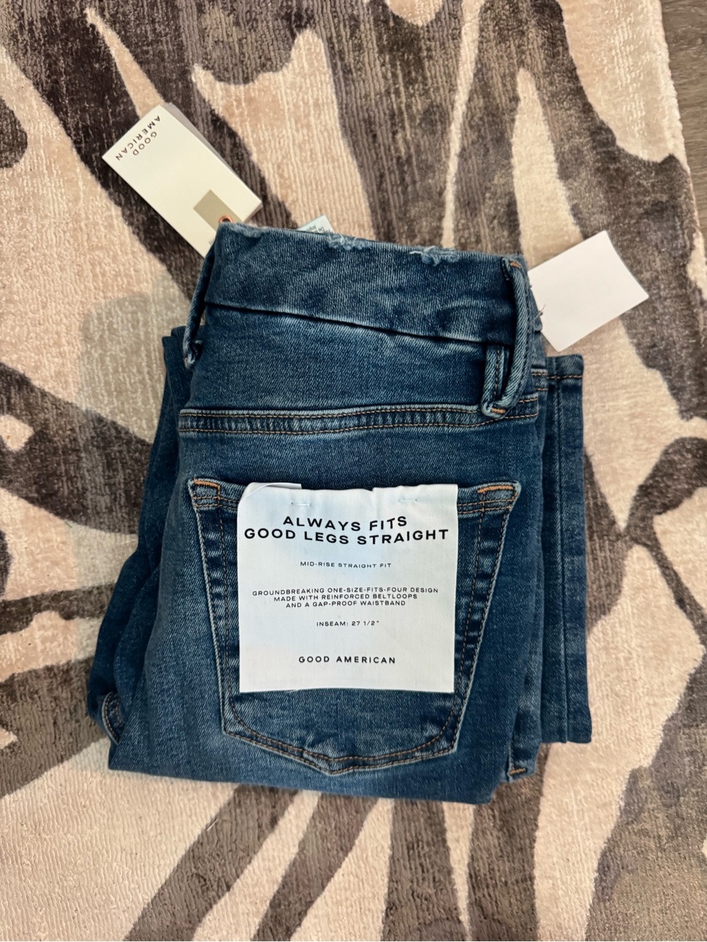 Good American Straight Leg Mid-Rise Jeans - Dark Blue Wash